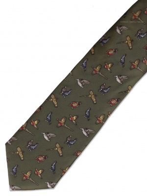 Hoggs of Fife - Silk Country Tie Green - Mixed Game Birds Motif
